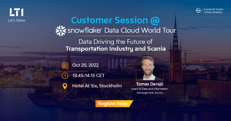 ltm_ofcl's tweet photo. Data will always play a pivotal role in changing the business model of the transportation industry. At @SnowflakeDB Data Cloud World Tour on Oct 20, 2022, @ScaniaGroup's Tomas Dersjö discusses how data is driving the future of transportation.
#LTIXSnowflake #Snowflake #DataCloud