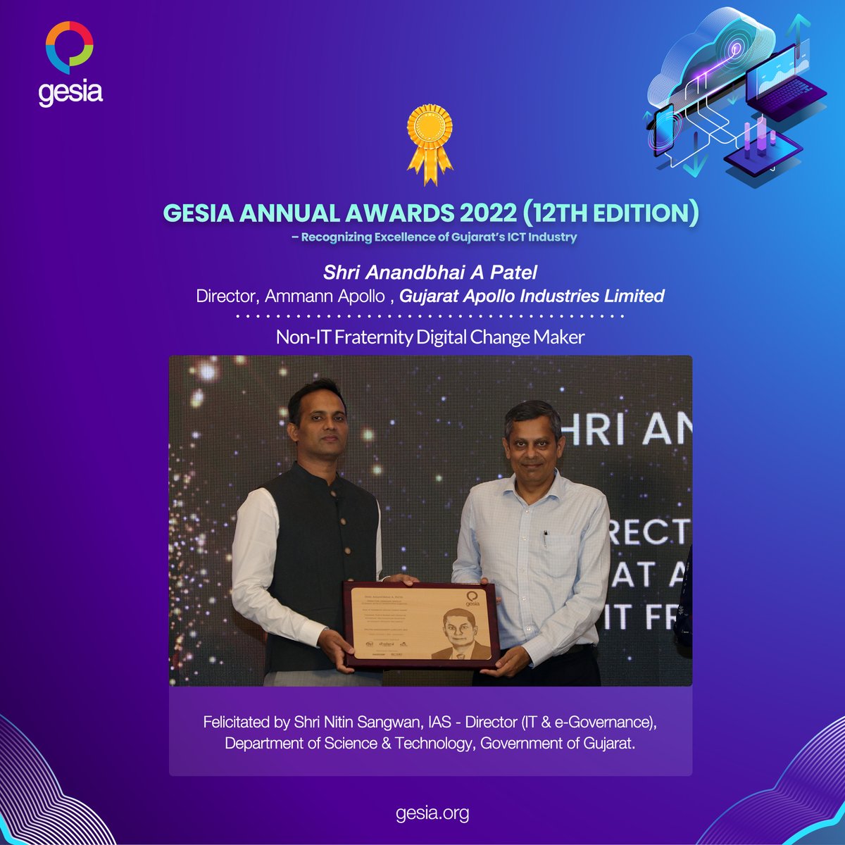 GESIAORG's tweet photo. We are pleased to announce Shri. Anandbhai A Patel
Director, Ammann Apollo, Gujarat Apollo Industries Limited has been recognized and felicitated with an award in
"Non-IT Fraternity Digital Change Maker"
#gesia #digitalmanagementconclave #datacenter #ICT #technology #cloud #IT https://t.co/tUkX0uwyvq