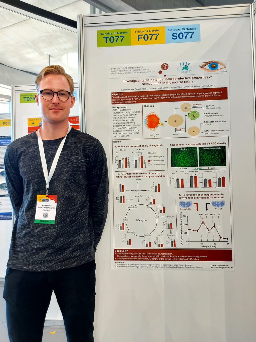 KolkoEye's tweet photo. Alexander von Spreckelsens presents his poster about: “Investigating the potential neuroprotective effect of semaglutide in the mouse retina” in the Poster Session G, F.077 today at 14.45-15.45 #EyeTRU #EVER2022 #PosterSessionG @EVER_connect https://t.co/l2vVh2RWfJ