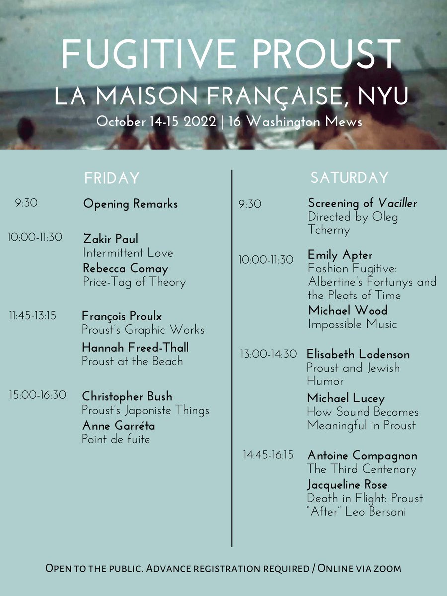 NYU Comp Lit (@nyucomplit) on Twitter photo Today & Tomorrow, October 14th & 15th, NYU Comp Lit will host Fugitive #Proust - an international conference at the Maison Française! Check out the program and join us in-person or online: bit.ly/3rKnVXs <a href="/LaMaisonFr_NYU/">Maison Française NYU</a> Today & Tomorrow, October 14th & 15th, NYU Comp Lit will host Fugitive #Proust - an international conference at the Maison Française! Check out the program and join us in-person or online: bit.ly/3rKnVXs <a href="/LaMaisonFr_NYU/">Maison Française NYU</a>