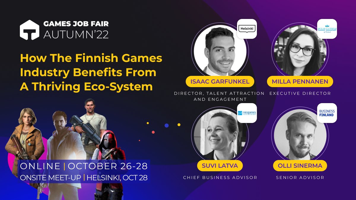 GF_talents's tweet photo. #Gamedev is doing well in Finland, and we have a great ecosystem to thank for it. Learn more through this expert panel at #GamesJobFairAutumn22.

Sign up: https://t.co/1DzdvvDI6C

#GamesJobFair #gamejobs #gamedevelopment #career #careerdevelopment #gamesindustry https://t.co/dzE0nal9Uu