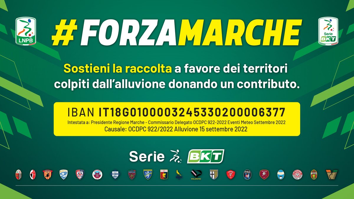 CosenzaOfficial's tweet photo. La Lega Serie B e i 20 Club associati lanciano la campagna #ForzaMarche, per sostenere le popolazioni dei territori colpite dall’alluvione.

Unisciti anche tu, vai sul sito https://t.co/7yB4EKL2er e scopri come poter dare il tuo contributo ! #ForzaMarche https://t.co/4m8uh1HVP2