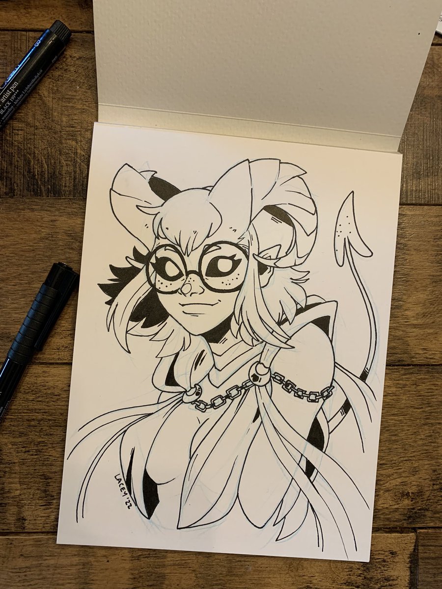 byelacey's tweet image. shaking off the traditional art cobwebs with an avery doodle—i’ll be taking these 6”x8” ink commissions at #halcon2022
