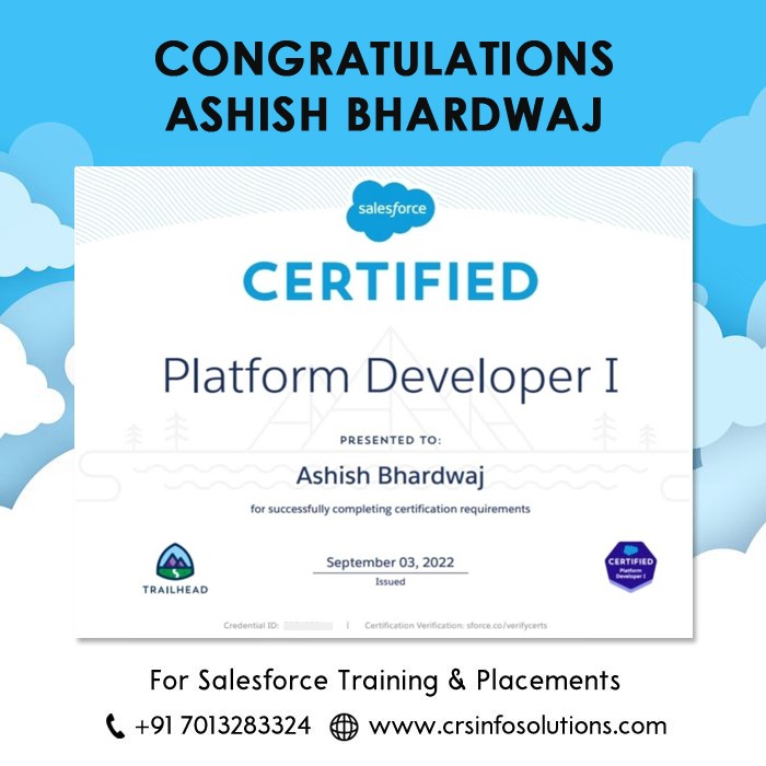 Hearty Congratulations to our student Ashish Bhardwaj. All the very best to future endeavours. For Salesforce training and certification preparation, please enroll in our free demo class.

Phone: +91-7013283324
Website: crsinfosolutions.com
#salesforcecertified
#salesforce