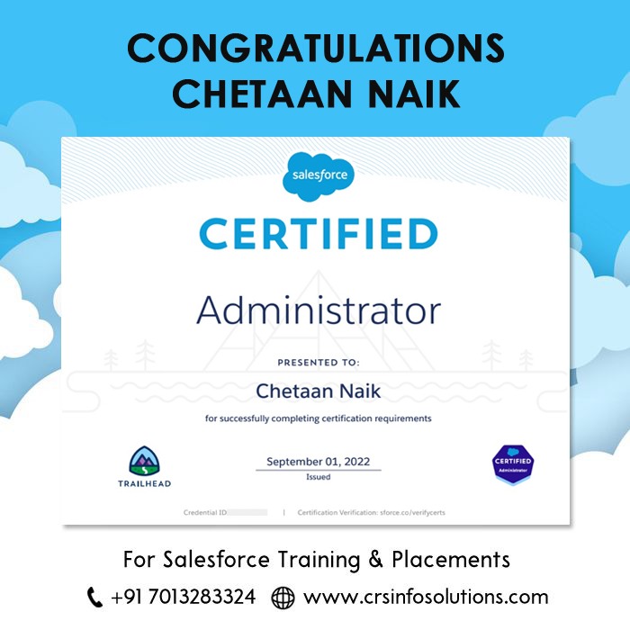Hearty Congratulations to our student Chetaan Naik. All the very best to future endeavours. For Salesforce training and certification preparation, please enroll in our free demo class.

Phone: +91-7013283324
Website: crsinfosolutions.com
#salesforcecertified
#salesforce
