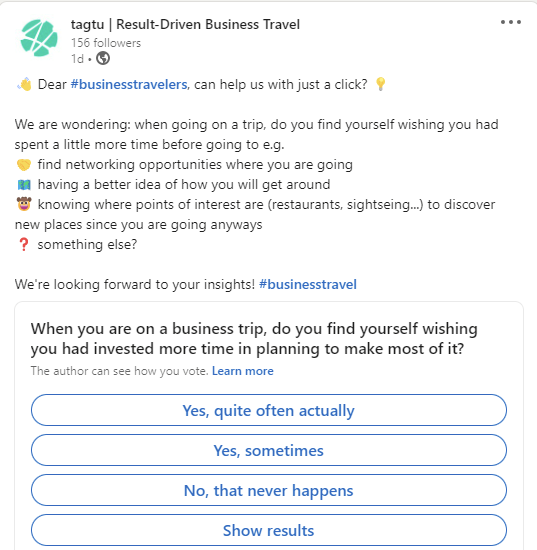 MaelRoth's tweet photo. 👋 Hey business travellers! Can you help a #startup looking for insights? We want to know 👇-> answer with just a click https://t.co/GwYzNWGFlu https://t.co/1OTa08ZEQr