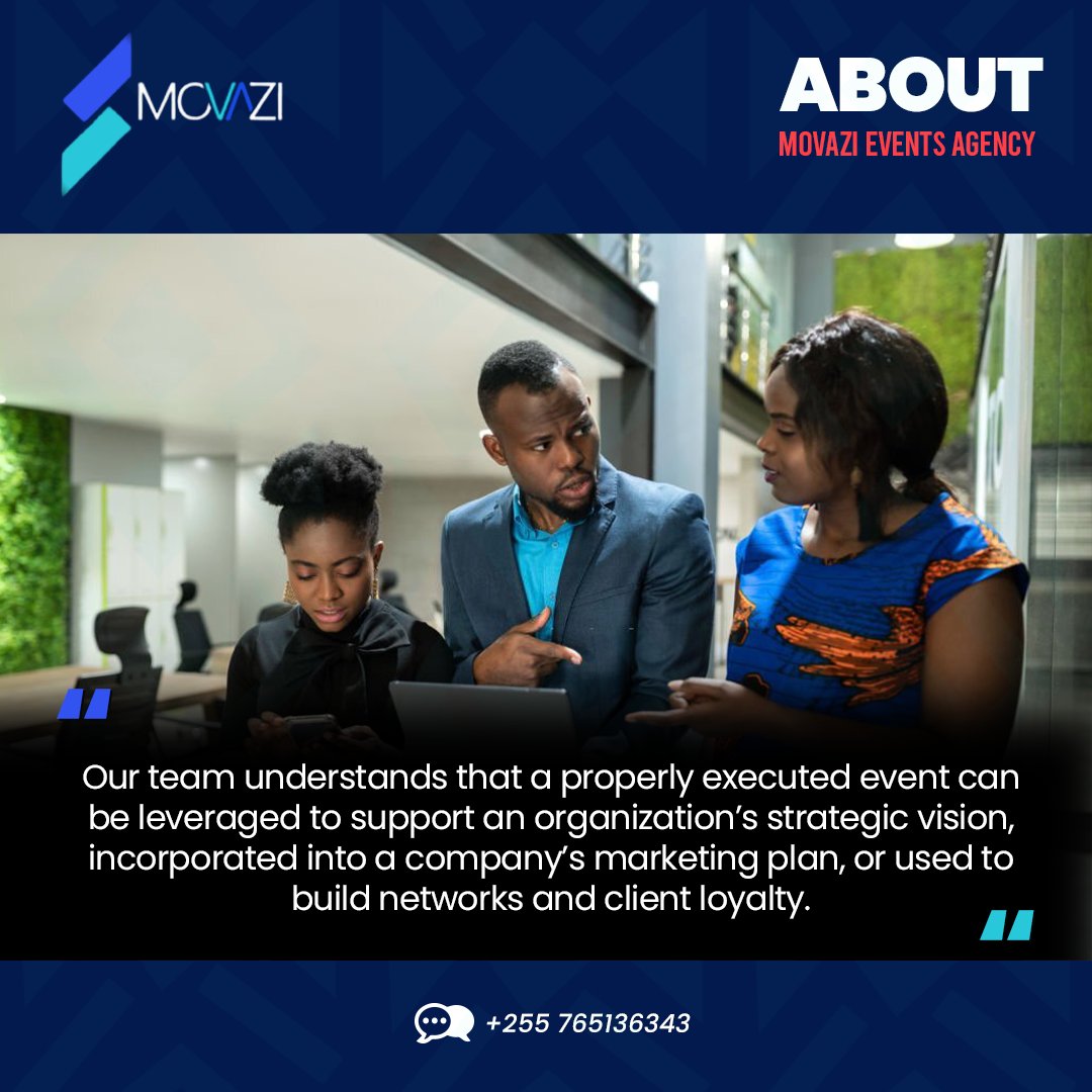 MovaziAfrika's tweet photo. We are an Events Agency that is passionate about creating unique experiences designed to help you achieve a specific set of objectives. We understand your audiences and are invested in your success. 

Visit https://t.co/rFXQIF0c0O for more details #MovaziAfrika https://t.co/Ur9VlQosqs