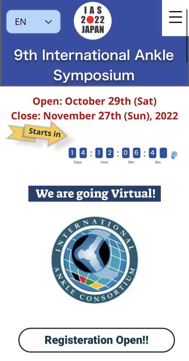 Int Ankle Consortium (@ankleconsortium) on Twitter photo We are 2 weeks out from the 9th International Ankle Symposium! Registration is still open - be sure to grab your spot! ⬇️ <a href="/IAS2022_JAPAN/">Int Ankle Symposium 2022 OnDemand from October 29</a> #IAS2022 We are 2 weeks out from the 9th International Ankle Symposium! Registration is still open - be sure to grab your spot! ⬇️ <a href="/IAS2022_JAPAN/">Int Ankle Symposium 2022 OnDemand from October 29</a> #IAS2022