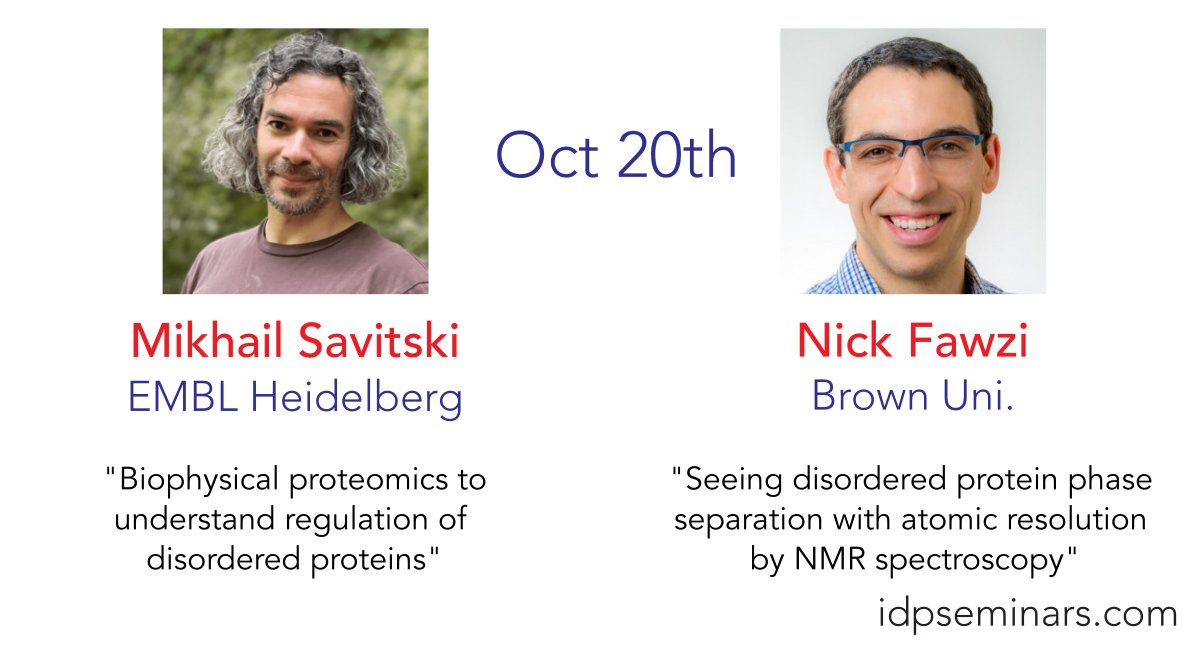After a break for our annual poster session, we are back with more seminars next week. 

<a href="/savitski_lab/">Savitski Lab</a> and <a href="/Nicolas_Fawzi/">Nicolas Lux Fawzi</a> will cover exciting  techniques for characterizing IDPs and condensates:  #proteomics ⚖️and #NMR 🧲.

New attendees sign-up at: idpseminars.com