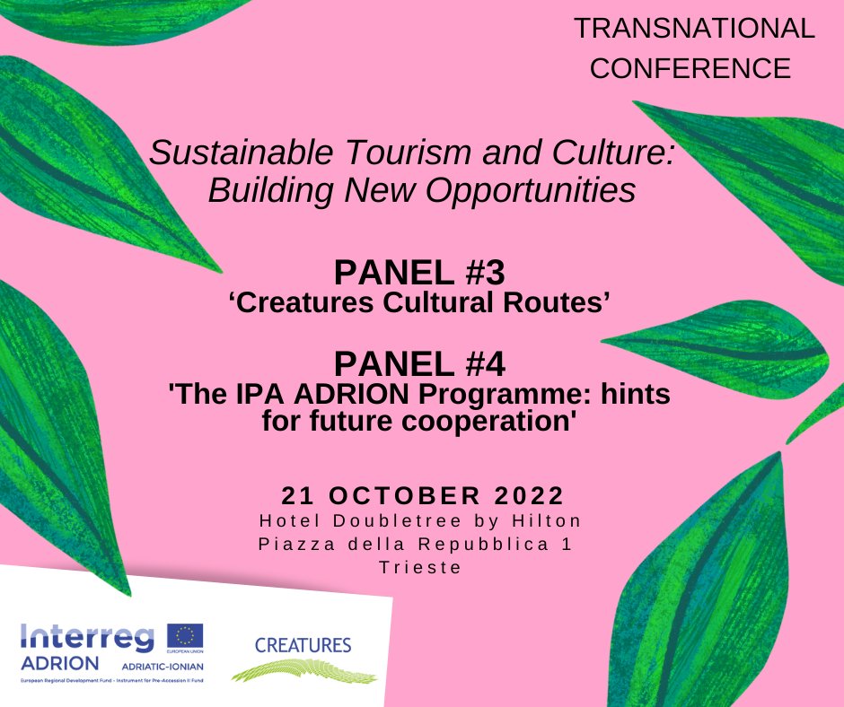 CreaturesProje2's tweet photo. #event
🤩Last two panels will talk about the
IPA ADRION Programme and hints for future #cooperation with Ludovico Gherardi from @INTERREGADRION and #CreaTourESroute, directly from the partners involved in #CREATURESproject!
👉Learn more here: https://t.co/CcpPLH4ADb https://t.co/Q6Bpx96Efq