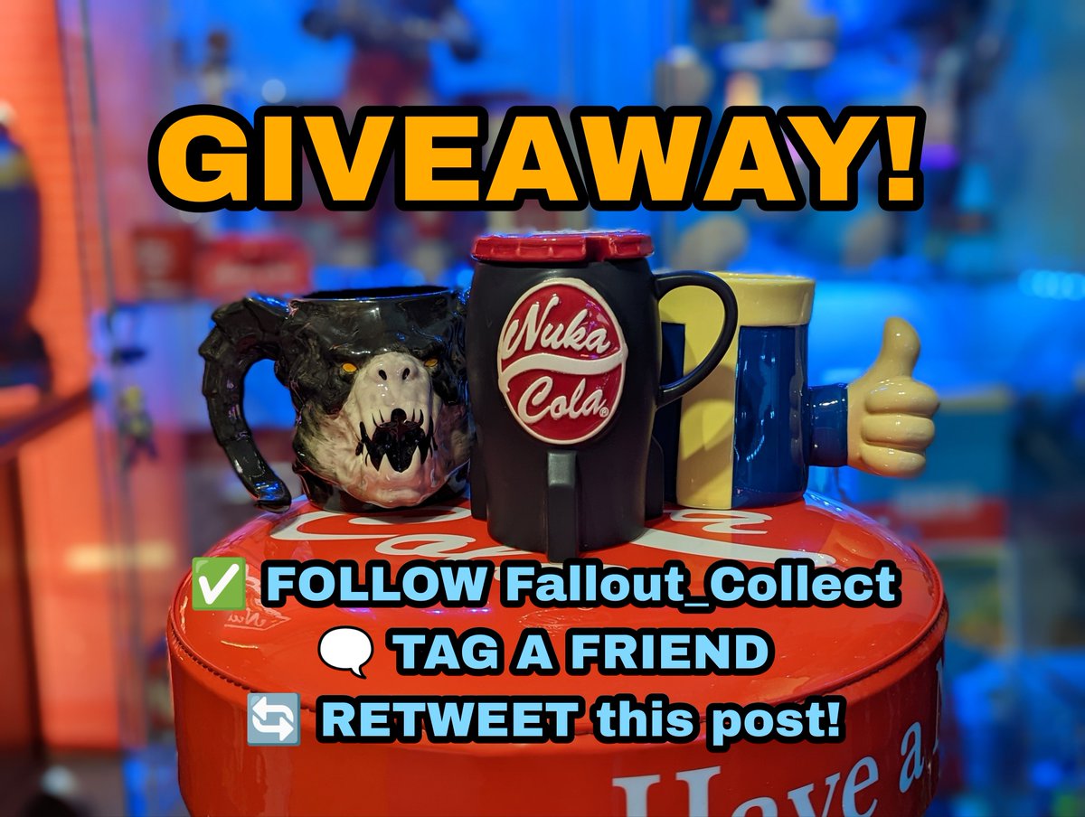 Fallout_Collect's tweet photo. GIVEAWAY TIME!
Mugs are courtesy of @BethesdaGear !
Winner will be chosen at random!
Winner will recieve all 3 mugs shown! 
Must be 18 or older, US ONLY! Ends October 17th!
✅FOLLOW ME!
🗨️ TAG A FRIEND
🔄 RETWEET!
#Fallout #Giveaway #Fallout25 @Fallout @bethesda https://t.co/BcaCrDJCr6