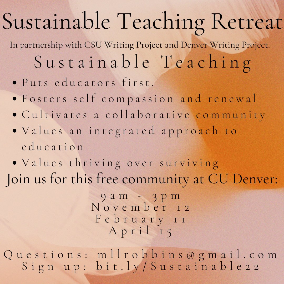 Dr. Cindy O’Donnell-Allen from the CSU Writing Project will be speaking at the November 12th workshop, join us! Denverwritingproject.org for registration and more information.