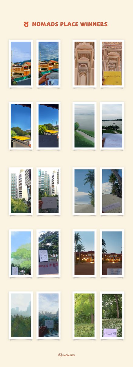 NomadsNFT_'s tweet photo. With over 5,000 entries, you all blew us away with your submissions.

Please congratulate the winners of the #NomadsPlace contest.

Each winner got their photo featured as a background trait in the collection. https://t.co/QtspOlpDT0