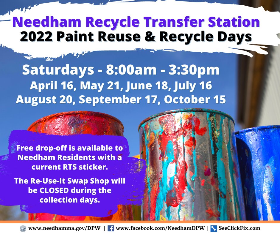 NeedhamDPW's tweet photo. Tomorrow, Saturday, October 15, is the last paint reuse &amp; recycle day at the RTS! Stop by 8:00am - 3:30pm.

Free drop-off is available to Needham Residents with a current RTS sticker. https://t.co/hG4saVPuxN