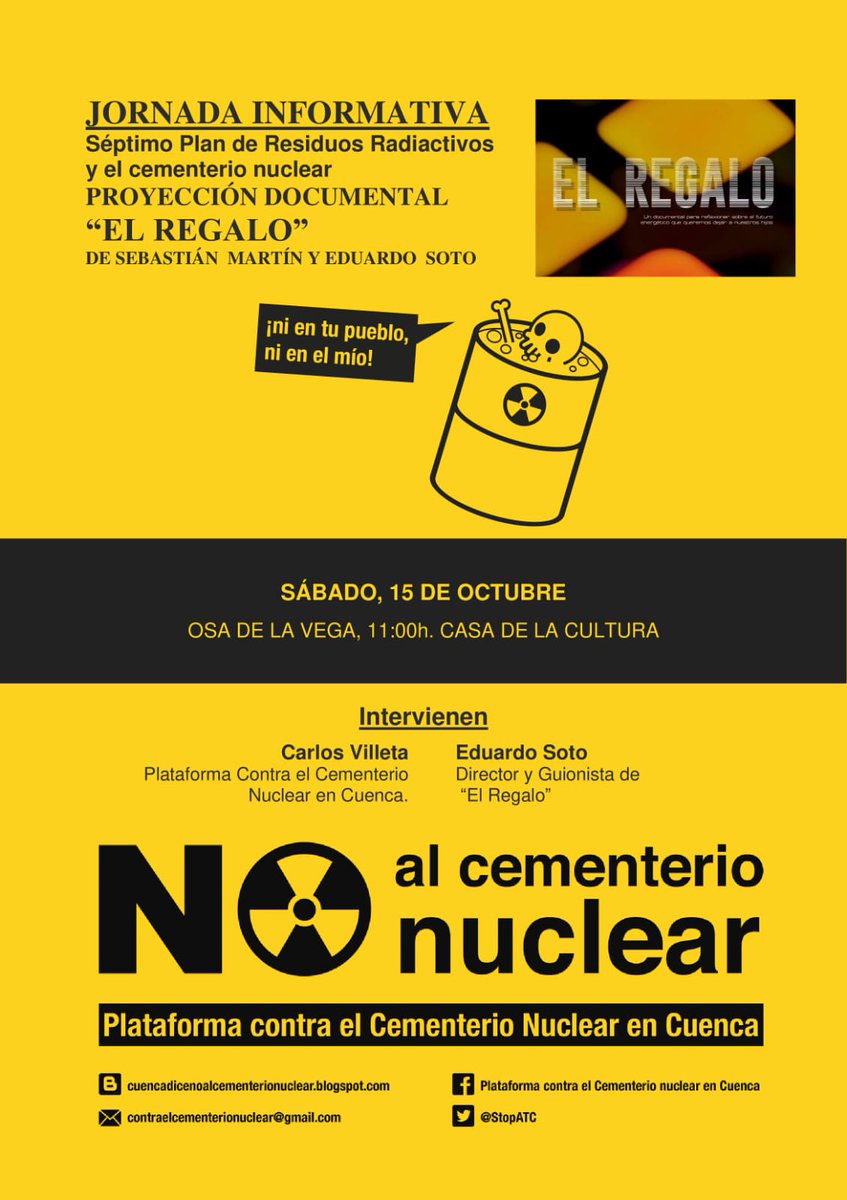 StopATC's tweet image. 👇👇👇 Mañana no te pierdas la Jornada Informativa sobre el 7* Plan de Residuos Radiactivos y El Cementerio Nuclear a las 11h en la casa de la cultura (Osa de la Vega)