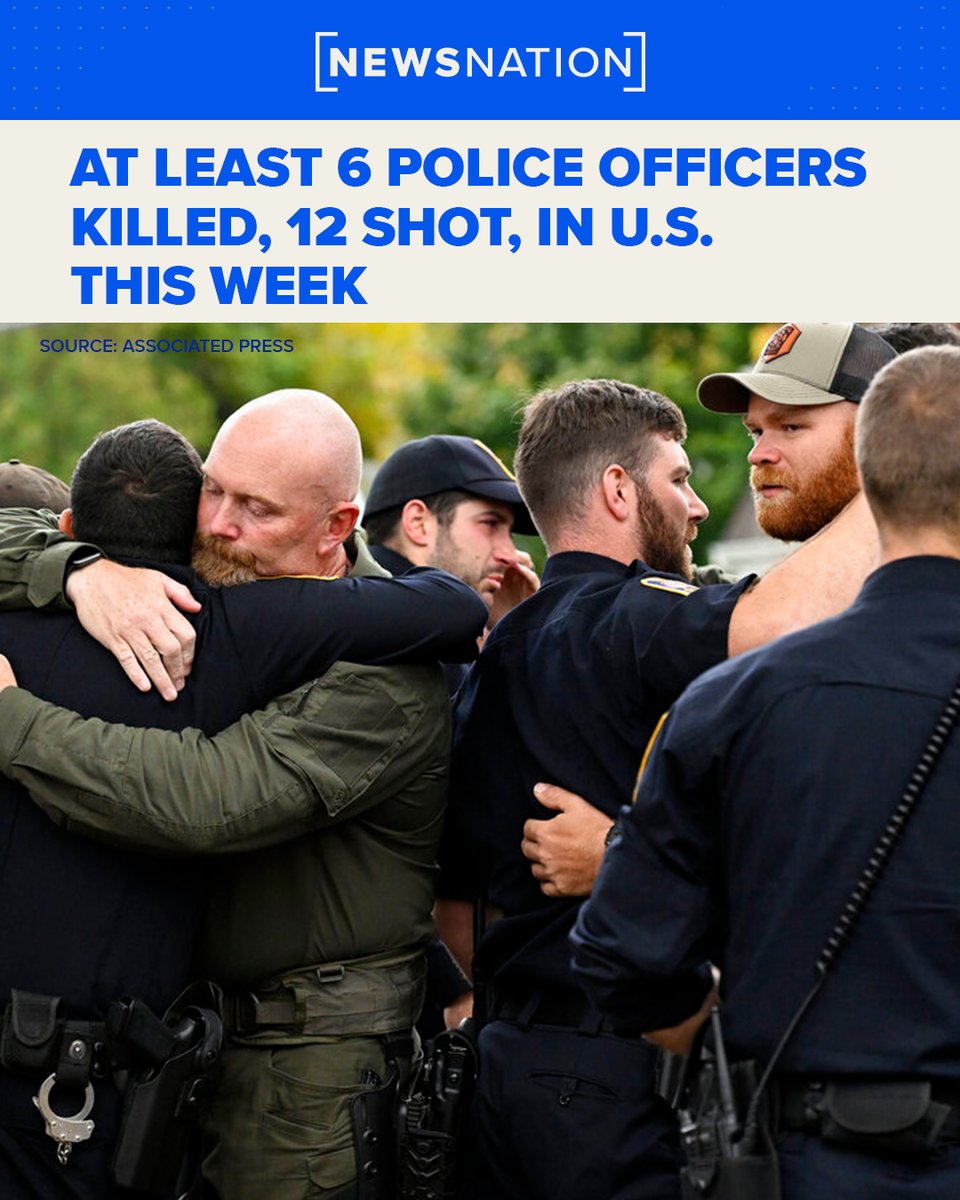 NewsNation's tweet photo. Tragic Week: At least 12 police officers have been shot in the line of duty and six have been killed nationwide since Monday.
Full story: https://t.co/MlGaYadd5U
#OfficersShot #OfficerAmbushed #Police https://t.co/jzS2TRdong