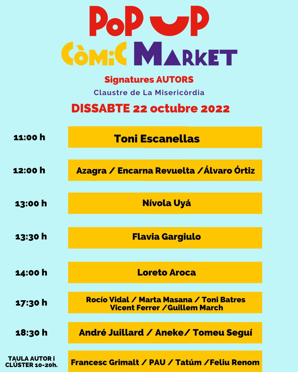comicnostrum's tweet photo. ¡¡Queda menys d'una setmana per començar una nova edició del 𝙁𝙚𝙨𝙩𝙞𝙫𝙖𝙡 #comicnostrum2022!!
>> 𝐡𝐨𝐫𝐚𝐫𝐢𝐬 𝐝𝐞 𝐬𝐢𝐠𝐧𝐚𝐭𝐮𝐫𝐞𝐬 𝐝𝐞𝐥𝐬 𝐚𝐮𝐭𝐨𝐫𝐬 que participen dins l'esdeveniment del 𝐏𝐨𝐩 𝐔𝐩 𝐂𝐨̀𝐦𝐢𝐜 𝐌𝐚𝐫𝐤𝐞𝐭
https://t.co/rpF0gosafC https://t.co/Iu1SIkzYZS