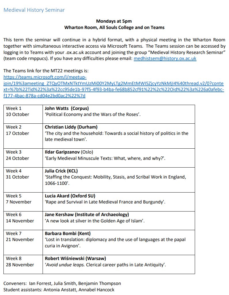 Medieval History Seminar

🗓️Mondays
⏰5pm
📍Wharton Room, All Souls College and on Teams

<a href="/OxfordHistory/">Oxford History</a> <a href="/HistorianBenj/">Benjamin Thompson</a> <a href="/AAnstatt/">Antonia Anstatt</a> <a href="/annabel_hancock/">Annabel Hancock</a>