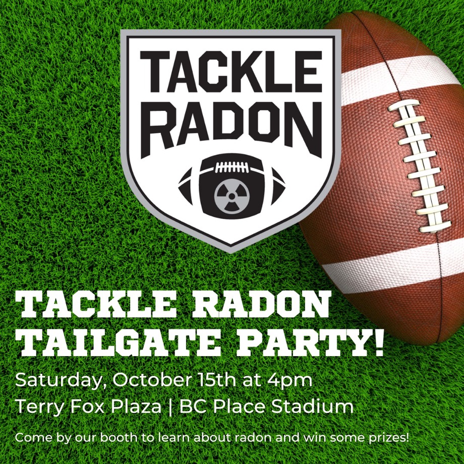 HomeRadonTest's tweet photo. 👉🏽In or around Vancouver? This is for YOU! 
🏈Get in the game and come say hi to the Tackle Radon team at our tailgate party! We’ll be at the Terry Fox Plaza from 4pm to 7pm.🏈
See you tomorrow!
#TackleRadon #radon #BCLions #BlueBombers https://t.co/0z1pUFsGRT