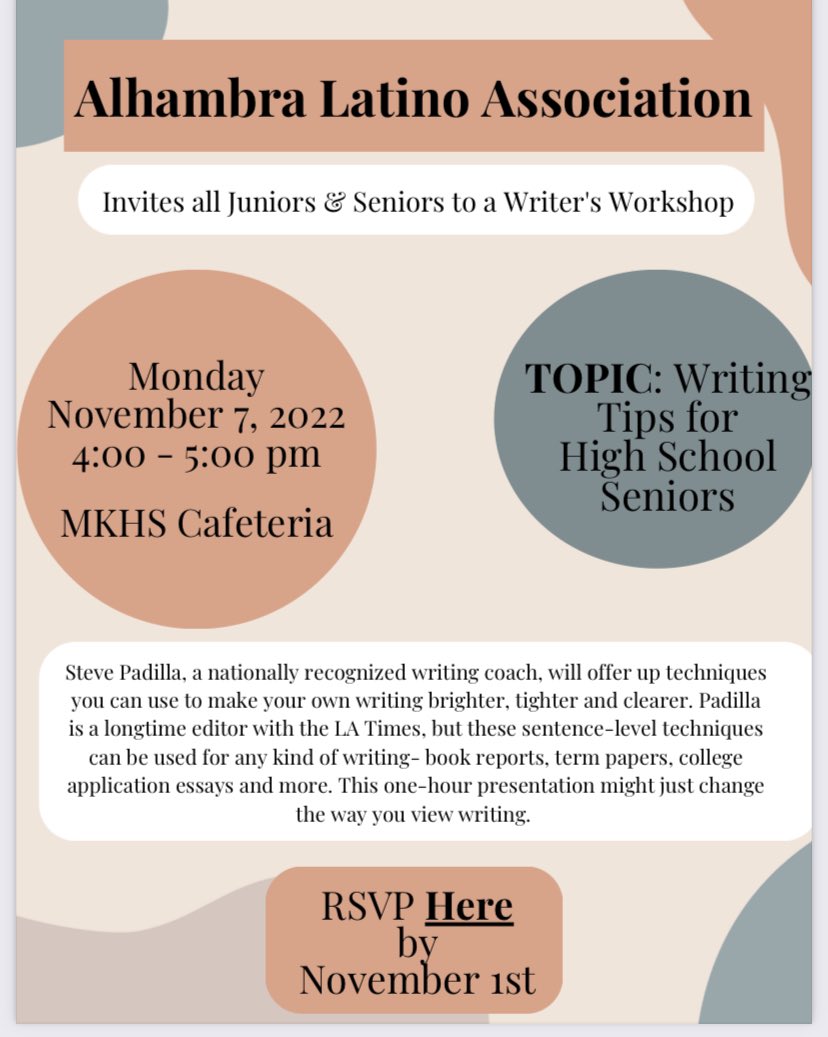 alhambrausd's tweet photo. #AlhambraLatinoAssociation 
invites all @MarkKeppelHigh Juniors + Seniors to a high energy #MasterClass #WritersWorkshop by @StevePadilla2 @latimes #ColumnOne editor, sought-after writing coach + #AUSDAlum
Monday, November 7th 
4-5pm #MKHS Cafeteria https://t.co/lO3cOrgMfe