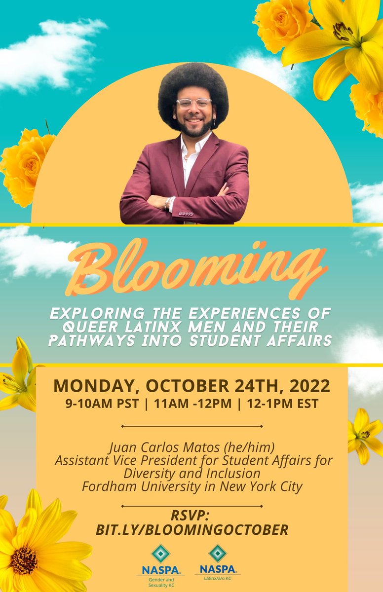 DGASKIN21's tweet photo. Hi everyone,

Join us for our GSKC - October Blooming! More info and RSVP is in the link https://t.co/vAEVZO6rFu

Please share with your networks! You are welcome to ask me any questions.

#GSKC #Blooming #October #SAPro #StudentAffairs #Latinx #Latine #HigherEd #Queer https://t.co/DSaBNtVwl7