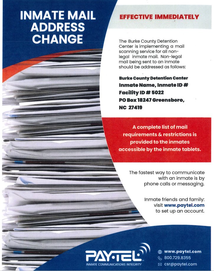 BCSO is in the process of implementing a Mail Scan for the Detention Center. The last day we will accept non-legal mail will be Tuesday, November 15, 2022. Please be aware of the updated address.  #BurkeCountyStrong