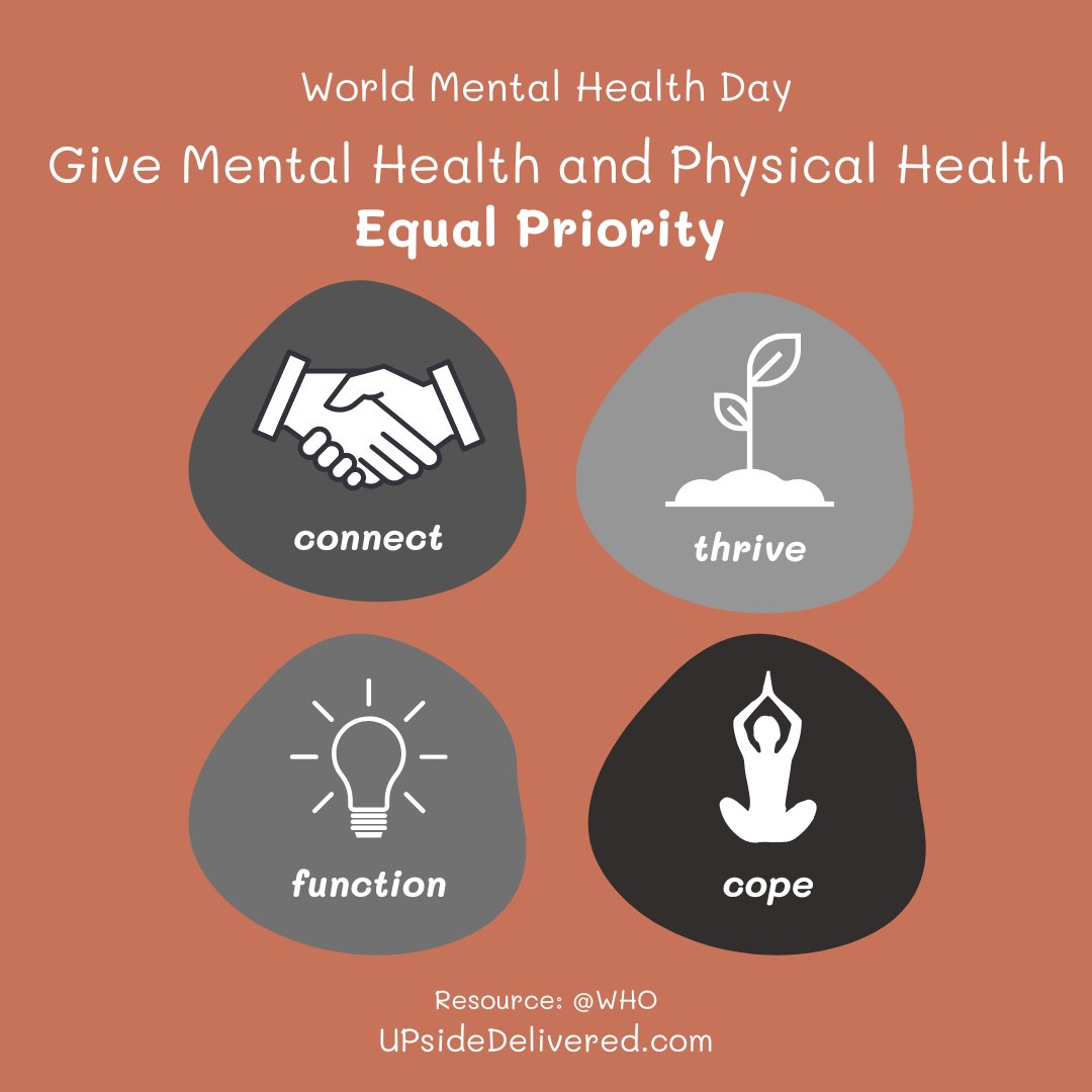 upsidedelivered's tweet photo. Give Mental Health and Physical Health Equal Priority:
1. Connect
2. Function
3. Cope
4. Thrive
Resource: @WHO
#UPsideDelivered #CreateYourCalm #MentalHealth #CleverFoxShop #Shop #ShopSmall #WorldMentalHealthDay #MentalHealthDay #MentalHealthAwareness https://t.co/zZWpaWwlkY
