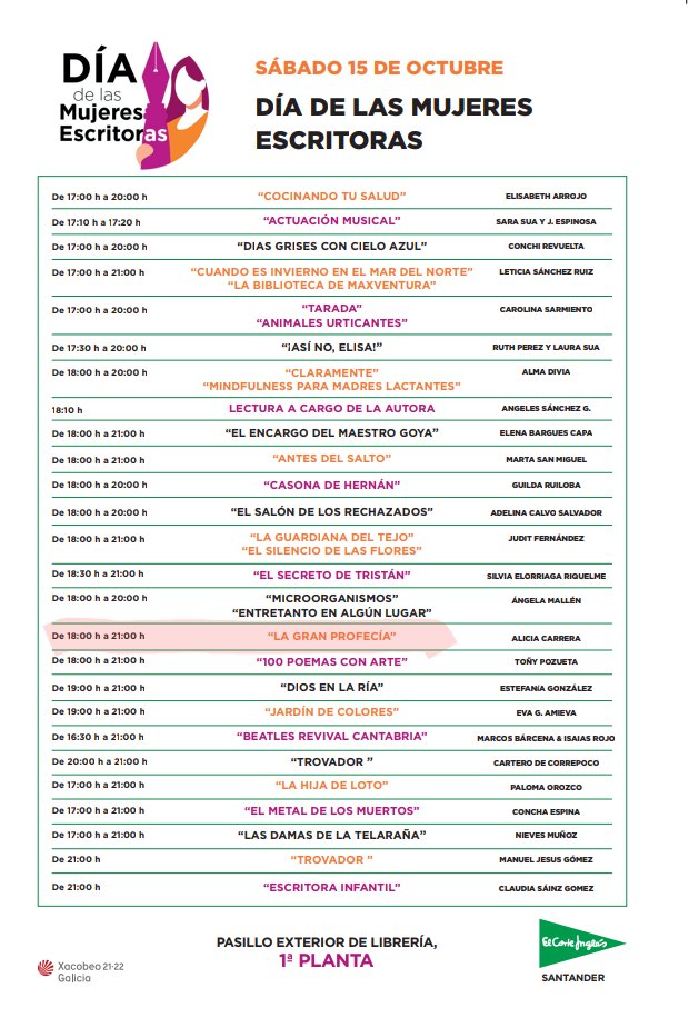 Mañana sábado 15 estaré en El Corte Inglés de Santander firmando ejemplares de mi novela "Cinco la Gran Profecía", de 18.00 a 21.00h, con motivo del Día de las mujeres escritoras.