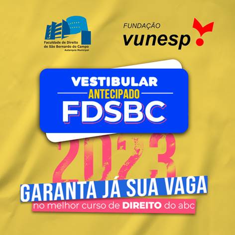 vunesp's tweet photo. FALTAM 3 DIAS: termina segunda-feira (17/10) o prazo de inscrições para o Vestibular 2023 da Faculdade de Direito de São Bernardo do Campo, com 120 vagas para o período diurno e 100 para o noturno https://t.co/riAER1o2cK #fdsbc #direito #ensinosuperior #vestibular https://t.co/N5rAc2N9Rh