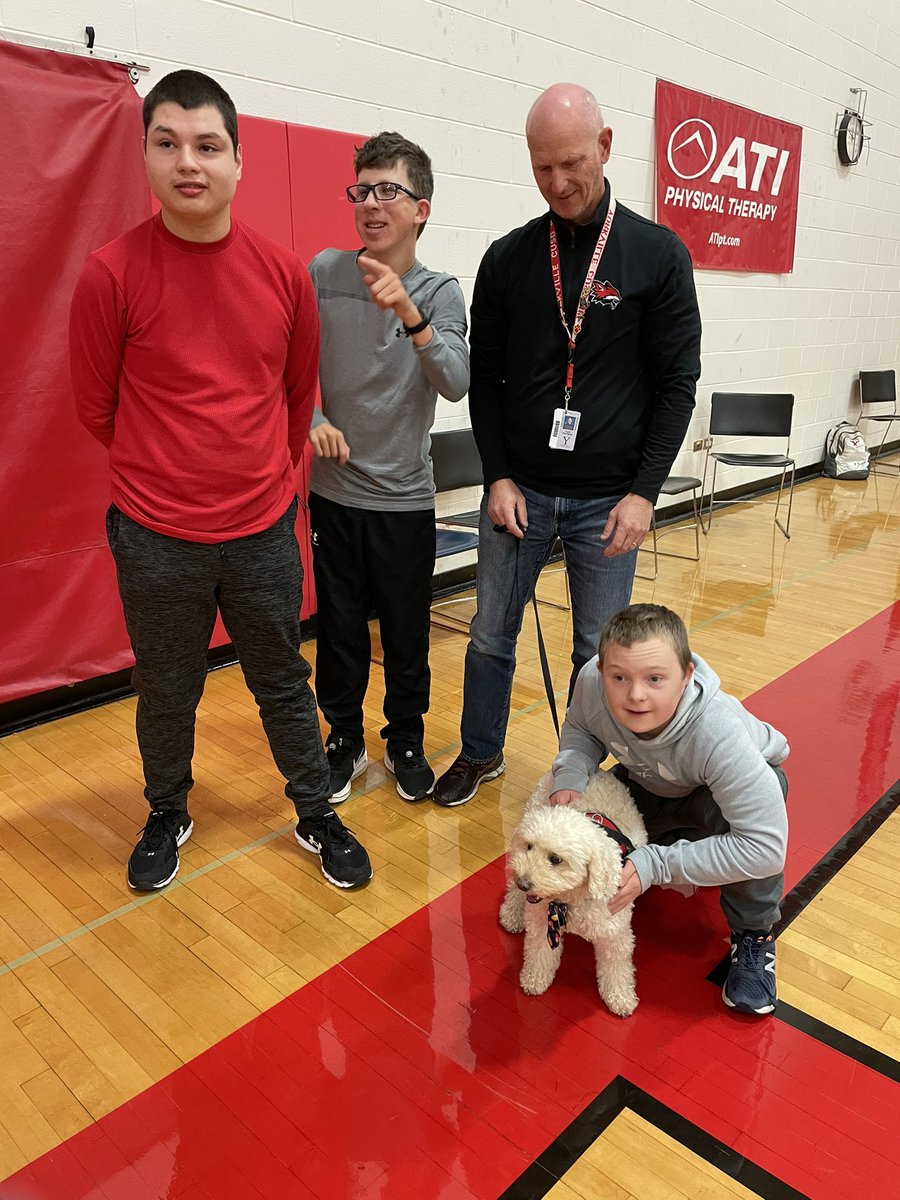 Dear_Mrs_M's tweet photo. Just a little dog therapy in adaptive PE today! https://t.co/n7KmJn0u2M