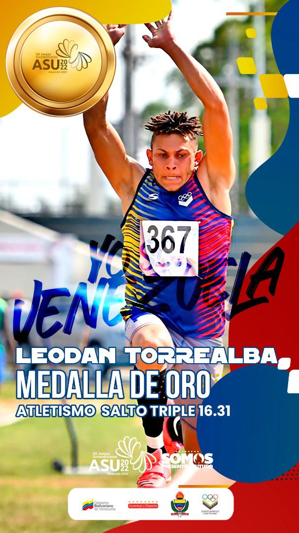 josemvasquez's tweet photo. ¡FELICITACIONES! 🥇

Medalla de Oro para el guariqueño Leodan Torrealba en el Salto Triple conmarca de 16.31 en los Juegos Suramericanos #ASU2022

#GuáricoTierraDeCampeones

#ElSueñoDeTodos

@NicolasMaduro

#14Oct https://t.co/KBEc0d7HUj