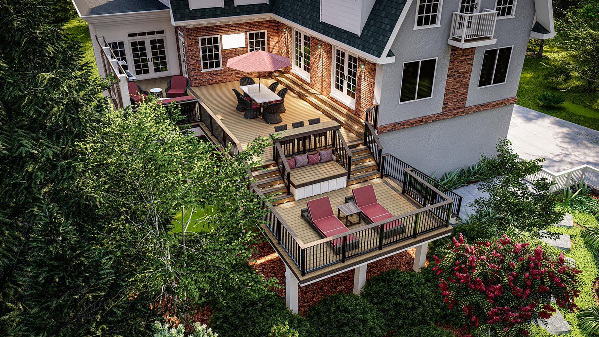 Our latest Design of the Week! 😍

This week's design highlights custom <a href="/MSDecking/">MoistureShield</a>  decking with a double picture frame and alternating color boards. 💧

We also added a built-in storage bench and privacy screen, perfect for watching the game. 🏈

#outdoorliving #deckgoals