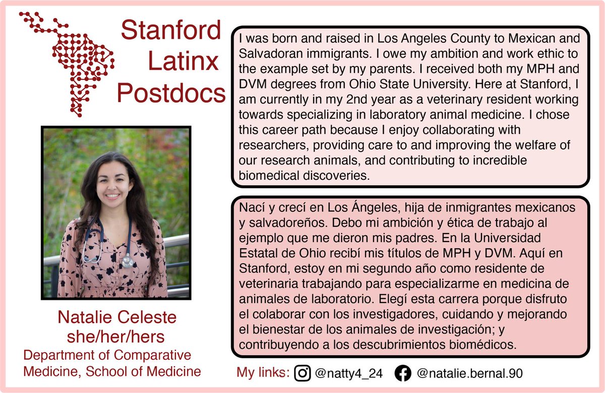 Natalie Celeste is a veterinary resident in the Department of Comparative Medicine at @stanford.med and is interested in the welfare of animals. #LatinxSpotlight #LatinxScience #MiGente #diversitymatters #HispanicHeritageMonth