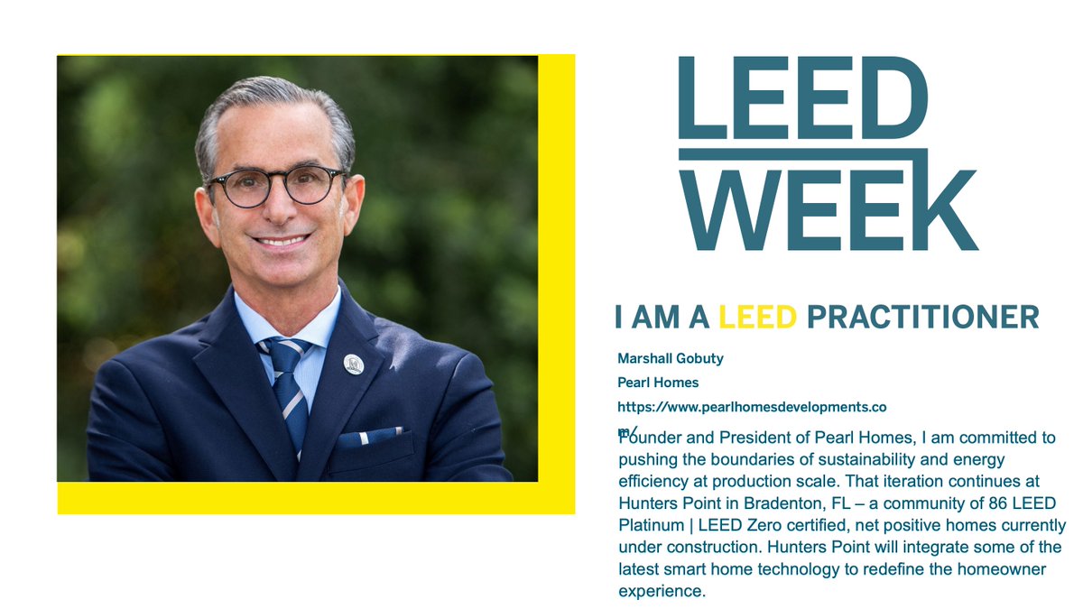 Featuring another #LEEDweek spotlight. Do you know 
<a href="/marshallgobuty/">Marshall Gobuty</a>, President &amp; Founder, <a href="/PearlHomesFL/">Pearl Homes</a>? His company built the first LEED Zero certified home at Hunter’s Point (recently withstood HURCN Ian w/ minimal damage).  leed.usgbc.org/model-hunters-… 
<a href="/USGBC/">USGBC</a>