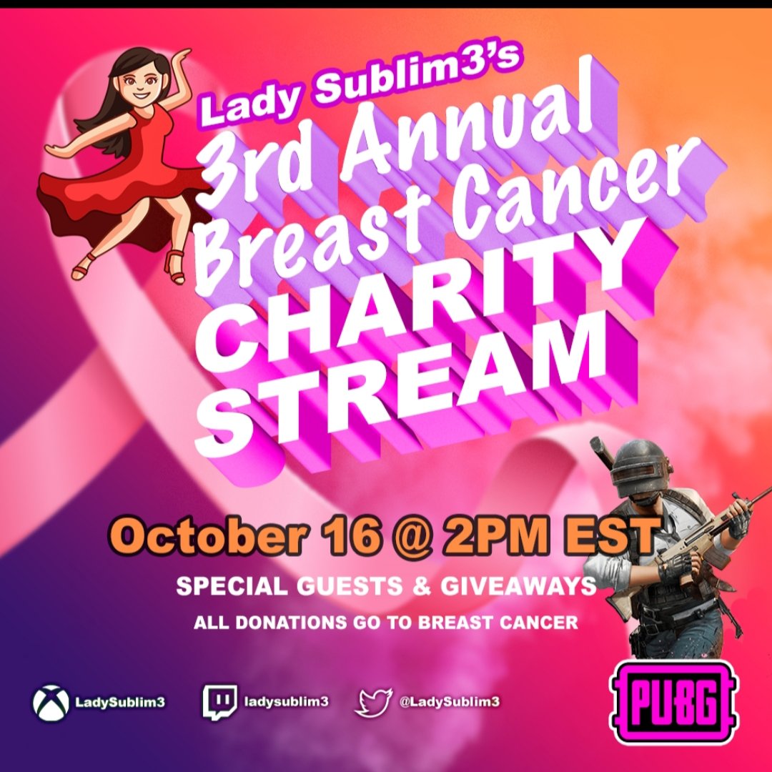 LadySublim3's tweet photo. 2 days away from saving the tatas!!! 10k G-Coin giveaways, laughs, bad gameplay and much more. Come hangout with me on Sunday!
@PUBG_US #BreastCancerAwarenessMonth
#challengaccepted #OGstrong #boobs https://t.co/EQOrHidNfd