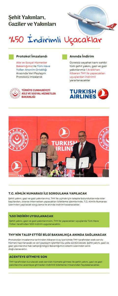 Şehit yakınlarımız, Gazilerimiz ve Gazi yakınlarımıza iç ve dış hat biletlerinde %50 indirim.
<a href="/tcailesosyal/">T.C. Aile ve Sosyal Hizmetler Bakanlığı</a> Bakanlığımız ile <a href="/TK_TR/">Türk Hava Yolları</a> imzaladığı protokol ile indirimli biletler 1 Aralık'tan itibaren THY mobil ve web sitesinden alınabilecek. 
<a href="/deryayanikashb/">Derya Yanık</a> <a href="/semseddinylcn/">Dr. Şemseddin Yalçın 🇹🇷</a>