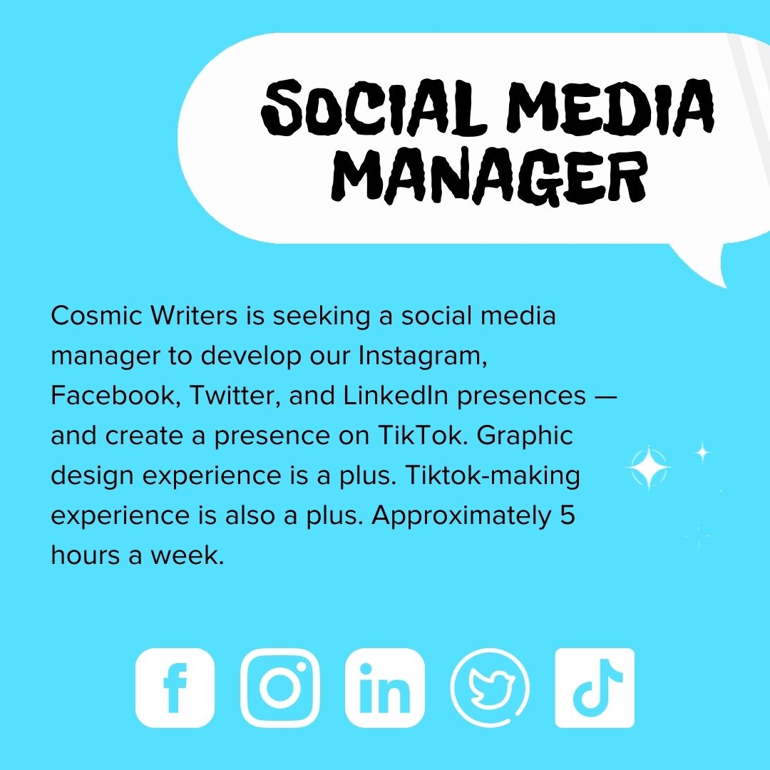 Cosmic Writers (@cosmicwriters) on Twitter photo Thanks to the generosity of <a href="/TheNetterCenter/">The Netter Center</a>, Cosmic Writers is hiring two Penn work-study students: a Social Media Manager and a KidZine editor. Details in graphics below. Applications are rolling, so apply ASAP! Thanks to the generosity of <a href="/TheNetterCenter/">The Netter Center</a>, Cosmic Writers is hiring two Penn work-study students: a Social Media Manager and a KidZine editor. Details in graphics below. Applications are rolling, so apply ASAP!