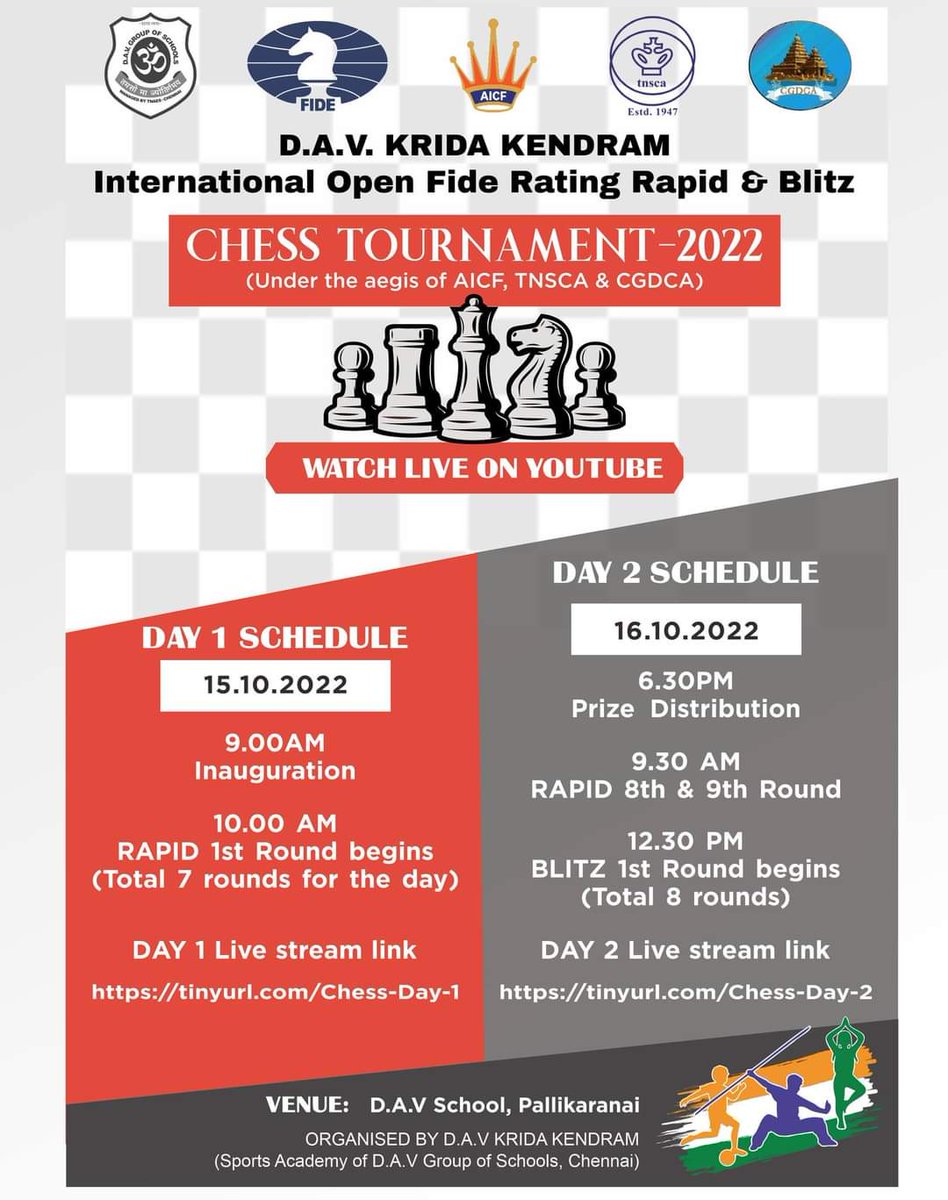 dav_vedritam's tweet photo. DAV Krida Kendram is hosting an International Chess Tournament at DAV Pallikaranai campus over 15th &amp; 16th October 2022. Live streaming links: 
Day 1: https://t.co/0355YB7Dzs
Day 2: https://t.co/ZzFAbIrLUL
#DAVChennai #DAVKridaKendram
#ChessTournament https://t.co/kEZguyxplP