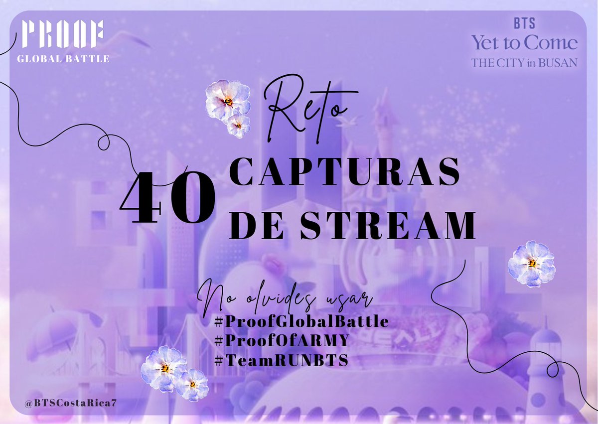 BTSCostaRica7's tweet photo. 🎉✨Dinámica ✨🎉
Vamos con un reto ¿Podemos lograr que este tweet llegue a 40 capturas de stream?

Deja tus ss de stream y 
#ProofGlobalBattle
#ProofOfARMY #TeamRUNBTS 
@BTS_twt https://t.co/13FAn25FqA