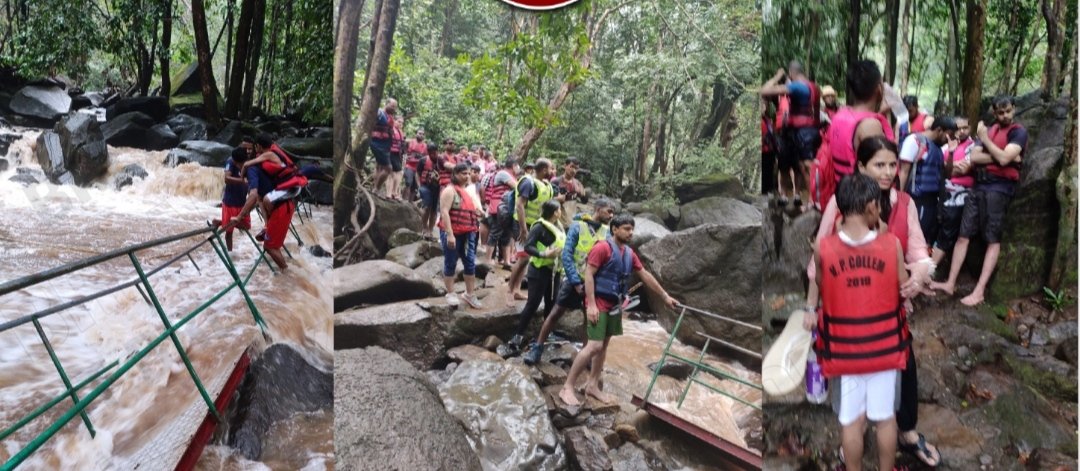 thegoanonline's tweet photo. Over 40 rescued from #Dudhsagar waterfalls #Goa , after crossing bridge overturned due to rising water levels with sudden rains; #Drishti Lifesavers stationed at the waterfall were quick to assist the individuals caught in the ordeal and assisted them to safer grounds https://t.co/DKaylo6dWF