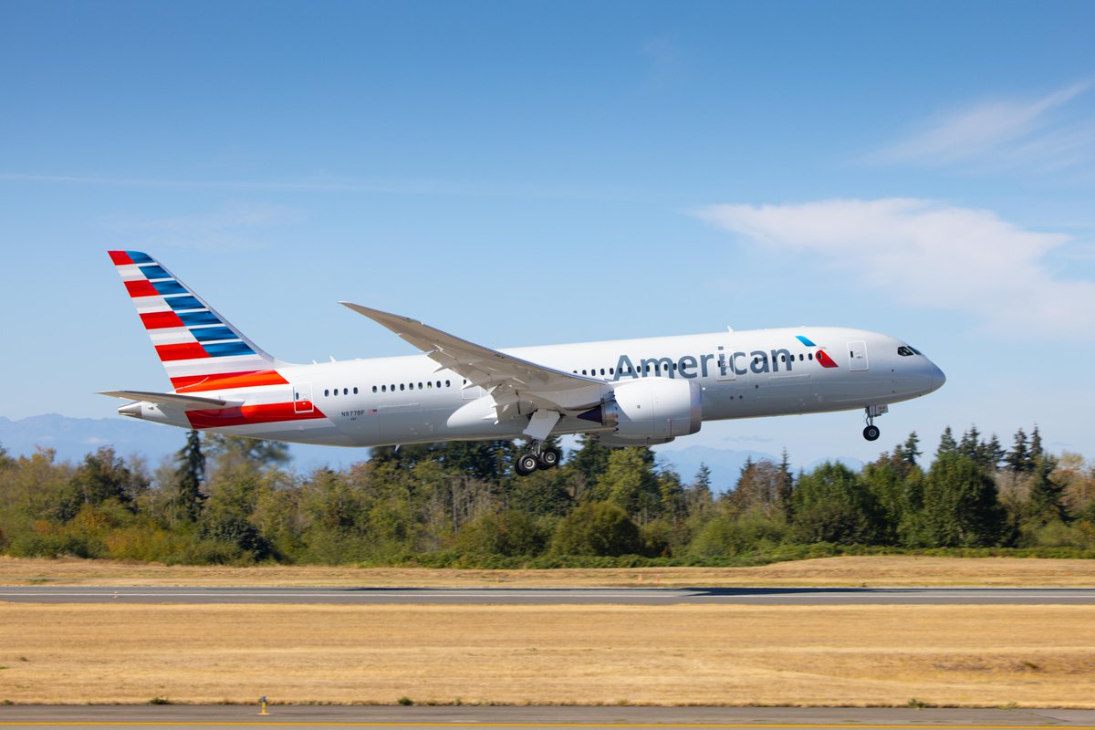 Wheels up 🛫 for this @AmericanAir 787-8 #Dreamliner. It’s the 50th to join their fleet since the airline took its first delivery in 2015. Here’s to nothing but blue skies!