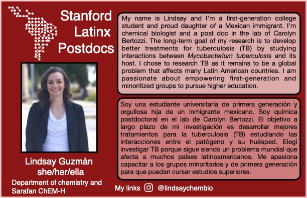 Lindsay Guzmán es una estudiante universitaria de primera generación. En el D. de Química y Sarafan ChEM-H ella estudia tratamientos para la tuberculosis (TB) analizando el patógeno y el huésped.

#LatinxSpotlight #LatinxScience #MiGente #diversitymatters #hispanicheritagemonth