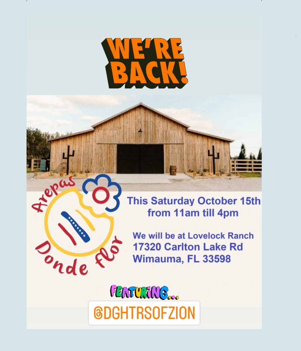 arepasdondeflor's tweet photo. On October 15th 2022 we're goint to be in Wimauma, FL. See you there with all our delicious Venezuelan food. 

📍Lovelock Ranch
17320 Carlton Lake Rd Wimauma, FL 33598

#tampafoodie #tampafoodtrucks #venezolanosentampa #venezolanfood #riverviewfl #arepas #empanadasvenezolanas https://t.co/A49k7gQsEK