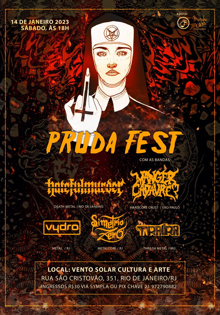 mangercadavre's tweet image. Em JANEIRO, voltaremos pro RIO! rs 

Pruda Fest apresenta:

@hatefulmurder + @mangercadavre + @trairametal + @vydroficial + @simetriazero 

14/01/22 18h
Vento Solar Cultura e Arte
Rua São Cristóvão , 351. Rio de Janeiro 
Ingressos:
sympla.com.br/evento/pruda-f…

Pix: (21) 97279-0882