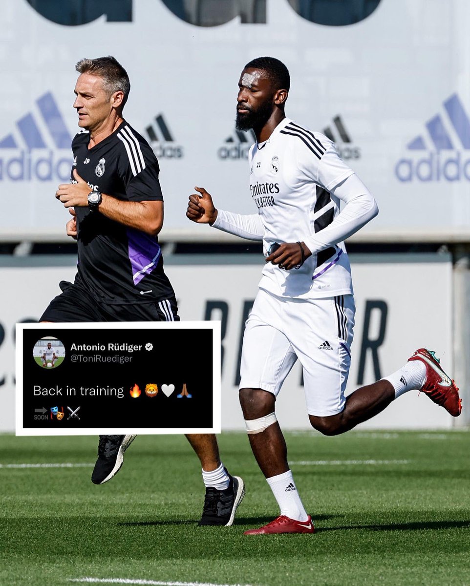 RudigerXtra's tweet photo. 🚨Antonio Rüdiger is BACK in training and teases the return of the infamous mask🎭

World football is about to be a scary place⚔️

@ToniRuediger https://t.co/H0SLiIs8Ph