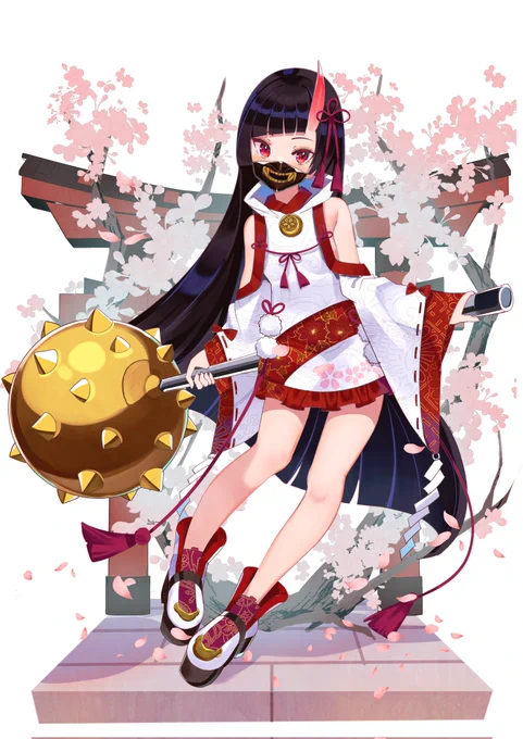 ソシャゲ風巫女パーカー鬼娘背景変えたので上げ直しました過去のツイートに頂いた方ありがとうございます 