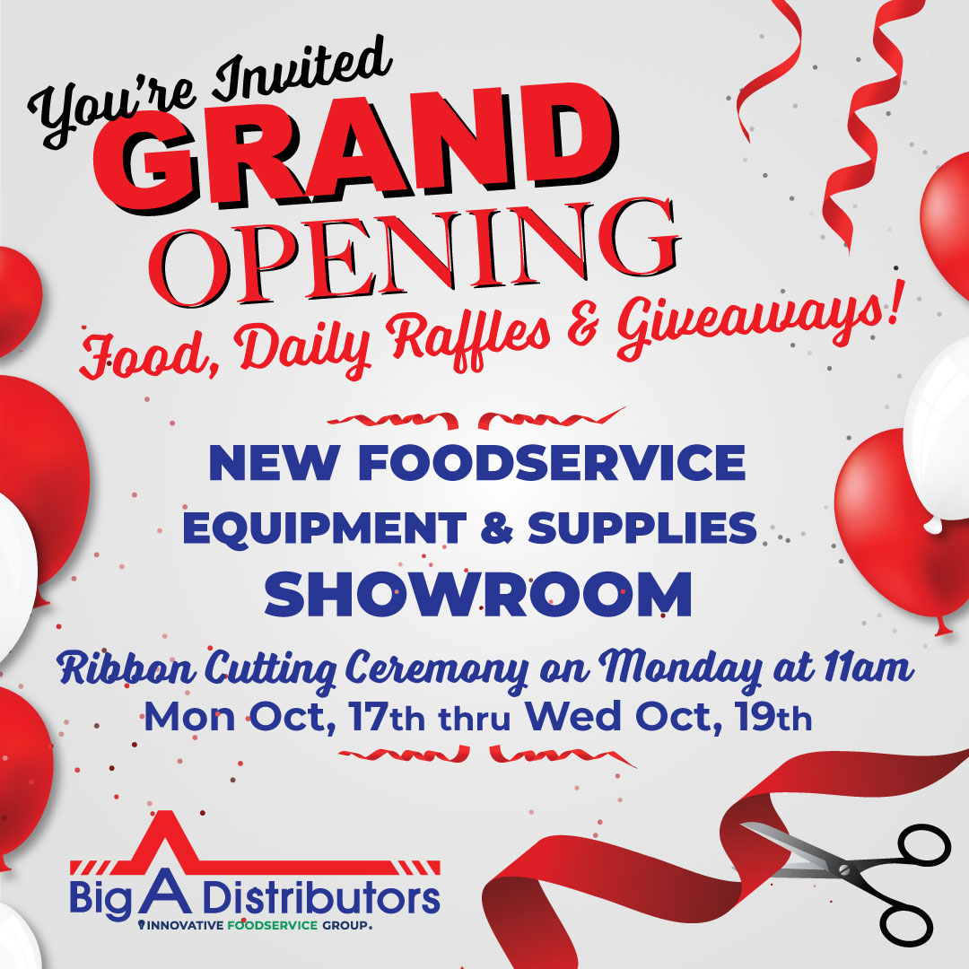 You're invited to the Ribbon Cutting Ceremony of our New Foodservice and Supplies Showroom Monday, October 17th at 11am. Join us at 6820 Kelly Ave., Morrow GA. or visit us online at bigadistributors.com.