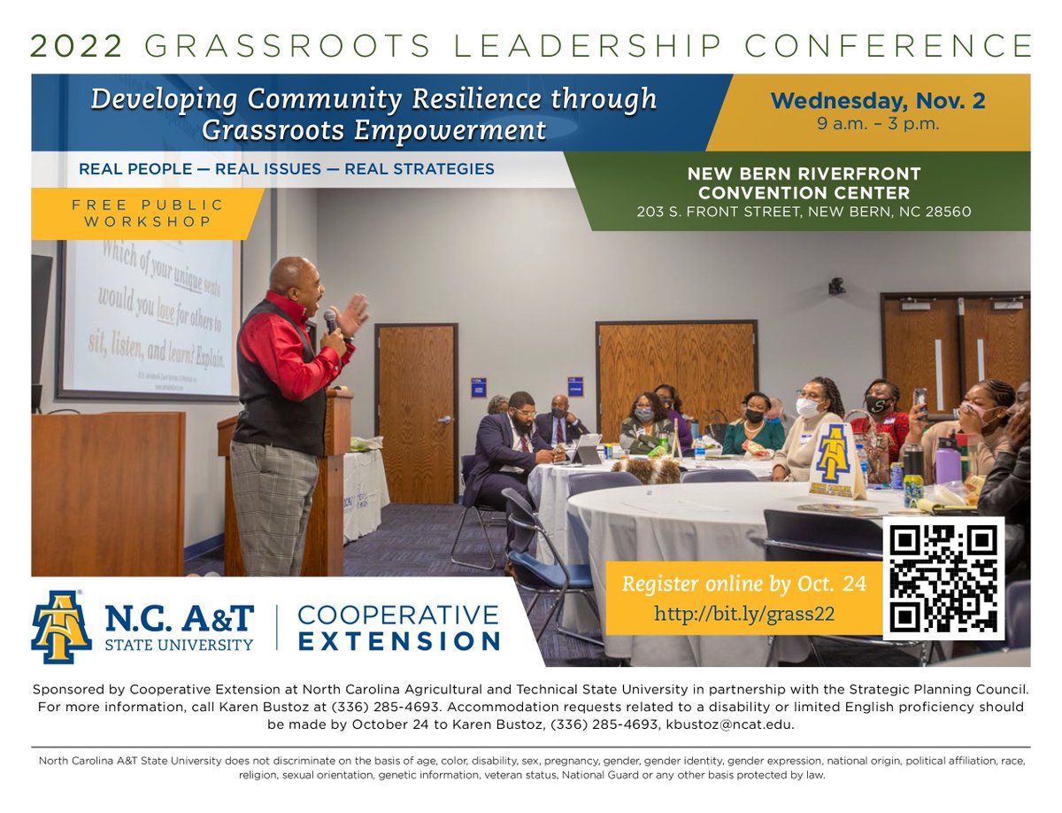 Our Grassroots Leadership Conference comes to <a href="/cravencountync/">Craven County NC</a> on 11/2 to strategize on community #resilience and positive change. Learn to empower your community! Register by 10/24 (it's free). bit.ly/grass22
<a href="/ncatcaes/">N.C. A&T CAES</a> <a href="/NCExtension/">NC State Extension</a>