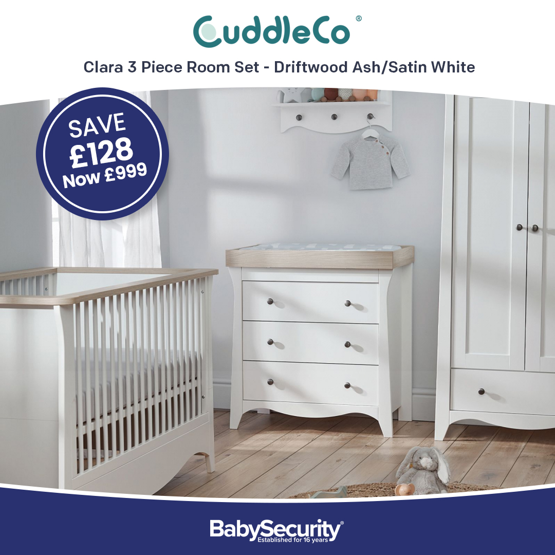 ON SALE NOW! This gorgeous 3 piece room set complete of wardrobe, changing unit and cot bed in Driftwood Ash/Satin White is the perfect pure colour for any modern nursery, ideal for either boys or girls.
Order here! ⬇
babysecurity.co.uk/products/cuddl…