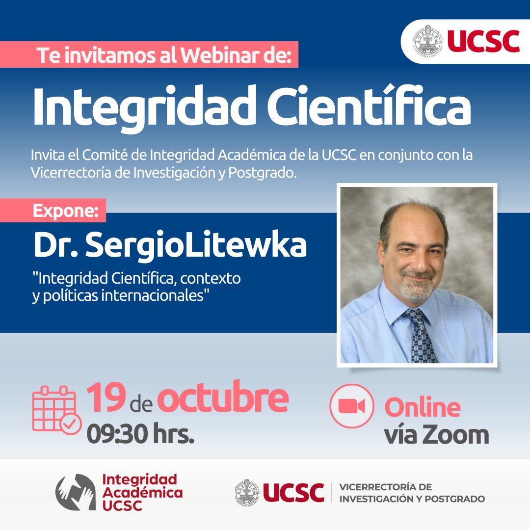 UCSC_DI's tweet image. #InvestigacionUCSC
El Comité de Integridad Académica junto con la Vicerrectoría de Investigación y Postgrado UCSC, invitan a participar del Webinar: “Integridad científica”.

¿Cuándo?
📆 19 de octubre, 09:30 hrs.
🎦 Online vía Zoom
✏️ Inscripciones en: bit.ly/integridadUCSC